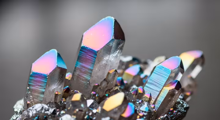 A beautiful cluster of Angel Aura Quartz, showing its iridescent rainbow sheen.