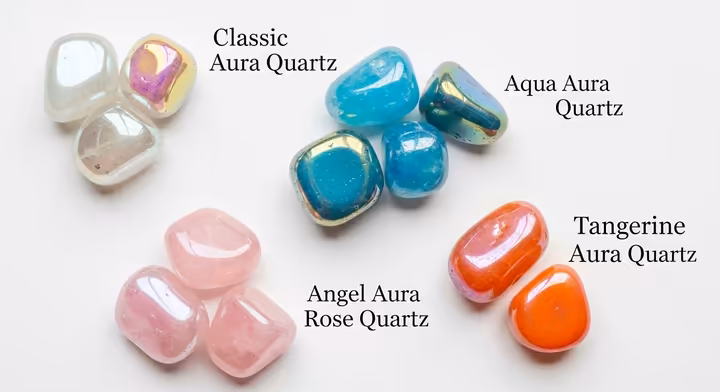 A collection of different aura quartz crystals, including Angel Aura, Aqua Aura, and Tangerine Aura, showcasing their distinct colors.