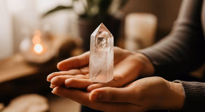 A person meditating peacefully while holding a piece of Angel Aura Quartz.