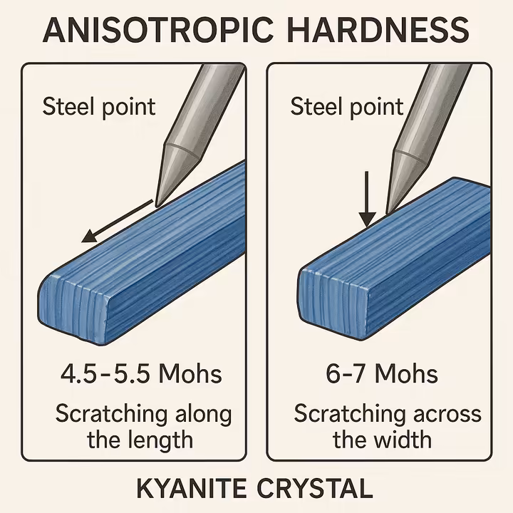 An educational diagram illustrating the anisotropic hardness of Kyanite. It shows a steel point easily scratching the crystal along its long axis (4.5-5.5 Mohs) but failing to scratch it across its width (6-7 Mohs).