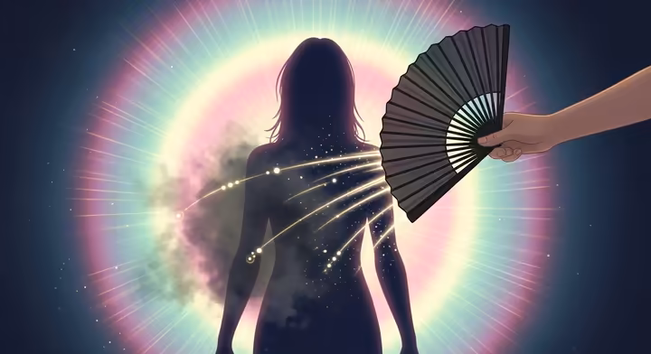 An artistic illustration showing a person's silhouette with a colorful aura, as a hand holding a Black Kyanite fan 'sweeps' through the energy field to cleanse it.