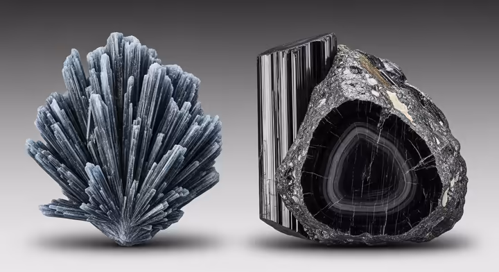 Side-by-side comparison of Black Kyanite and Black Tourmaline. The Kyanite shows its characteristic fan shape, while the Tourmaline is a solid, prismatic crystal with vertical striations.