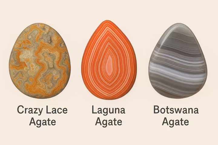A side-by-side visual comparison of Crazy Lace Agate, Laguna Agate, and Botswana Agate, highlighting their distinct patterns and colors.