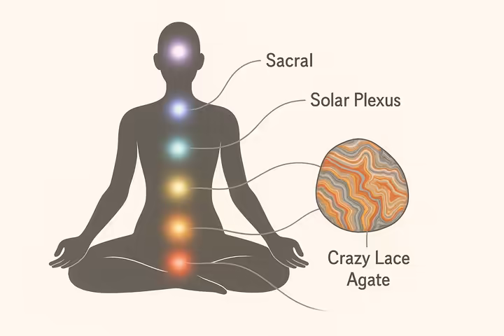 A diagram of the human chakra system with lines connecting Crazy Lace Agate to the Root, Sacral, Solar Plexus, and Third Eye chakras.