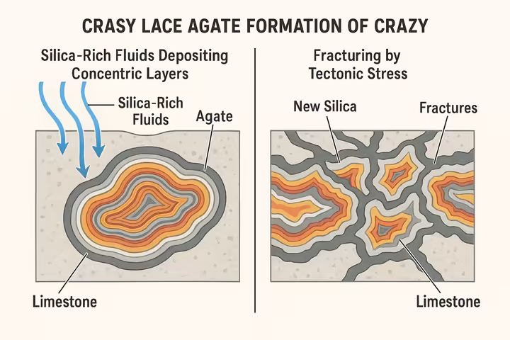 A diagram illustrating the two-stage formation of Crazy Lace Agate, showing initial layering followed by geological fracturing and re-cementing.