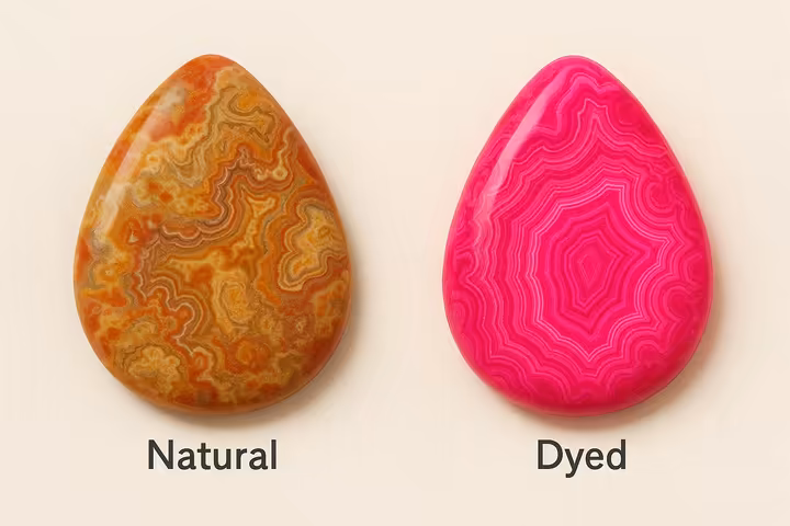 A comparison showing a natural Crazy Lace Agate next to a dyed version with an unnaturally vibrant hot pink color.