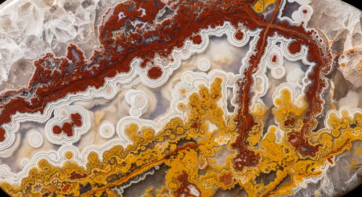 A large, polished slab of Crazy Lace Agate showcasing its complex patterns of red, yellow, and gray swirls and bands.