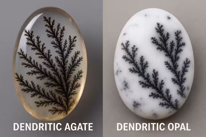 A side-by-side comparison of Dendritic Agate (left) and Dendritic Opal (right) showing the difference in transparency.