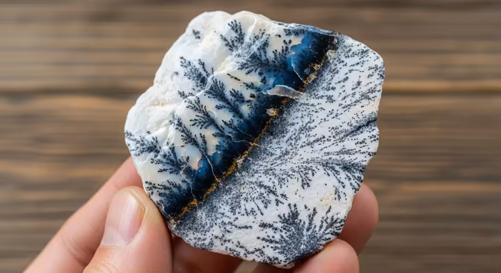 A piece of dendritic opal, also known as Merlinite, showing its characteristic black and white patterns.