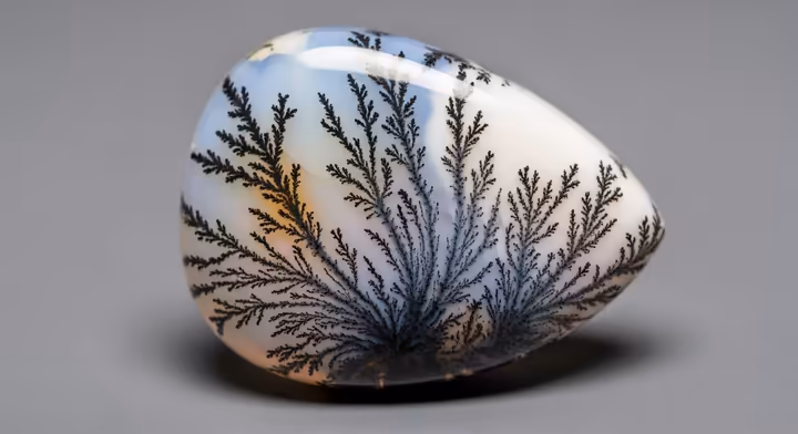 A beautifully polished oval dendritic opal cabochon with clear, tree-like black inclusions against a milky white background.