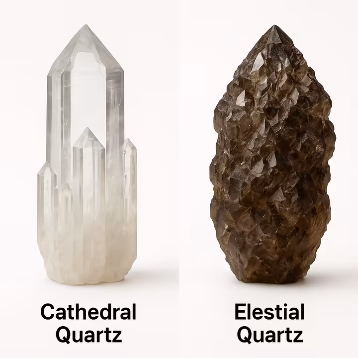 A side-by-side comparison showing a structured Cathedral Quartz next to a complex, multi-terminated Elestial Quartz.