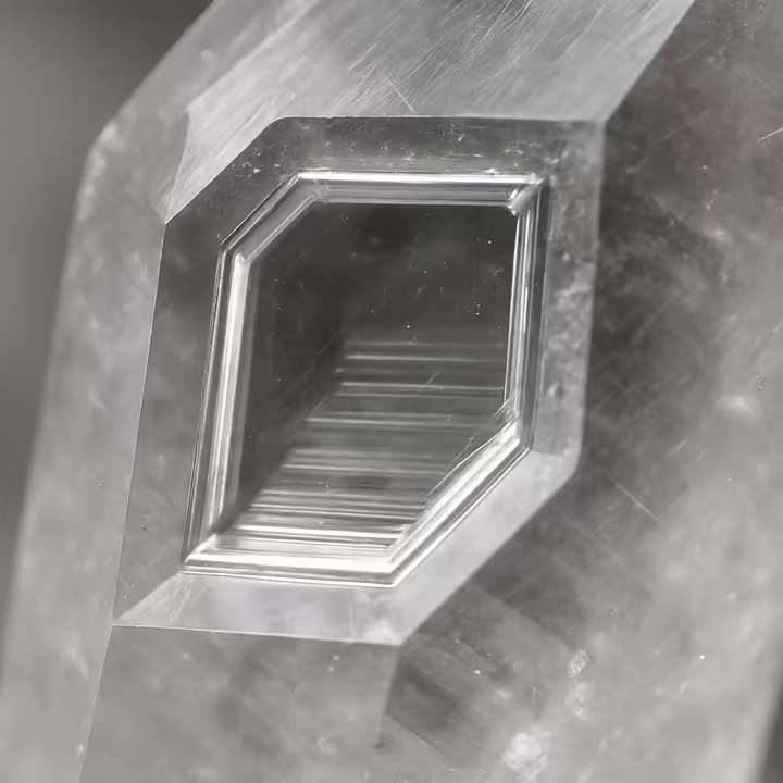 A close-up macro shot of a Fenster Quartz, highlighting the clear, window-like depressions on a crystal face.