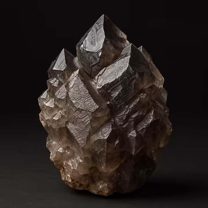 A high-quality smoky elestial quartz cluster showing complex, layered terminations and geometric surface patterns.