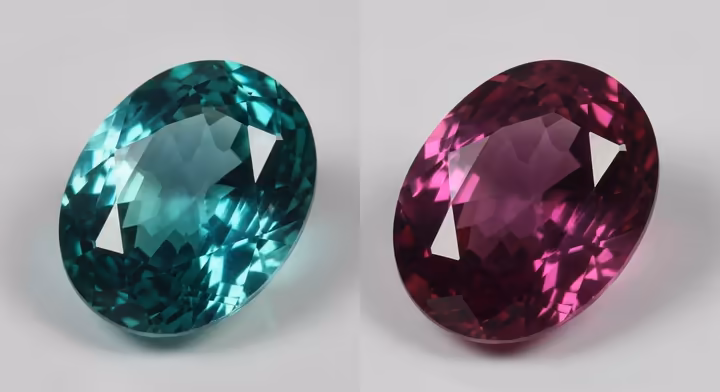 A composite image showing a single faceted alexandrite gemstone appearing bluish-green in daylight and purplish-red under incandescent light.