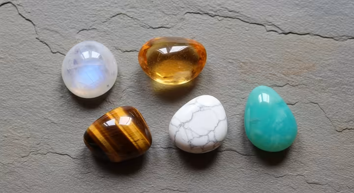 An artful arrangement of various polished Gemini gemstones: Moonstone, Citrine, Tiger's Eye, Howlite, and Chrysoprase.