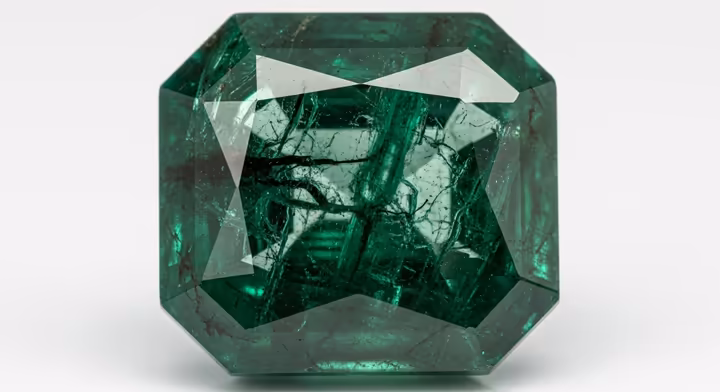 A close-up of a faceted emerald gemstone, showing its vibrant green color and characteristic internal inclusions known as the jardin.