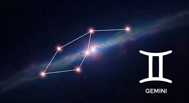 The Gemini zodiac symbol of the Twins next to the star constellation against a cosmic background.