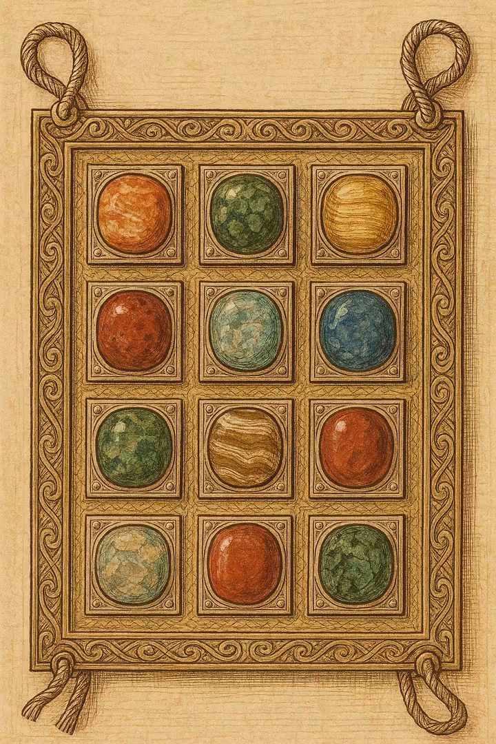 An ornate, historical illustration of the High Priest Aaron's breastplate, featuring twelve different gemstones set in gold.