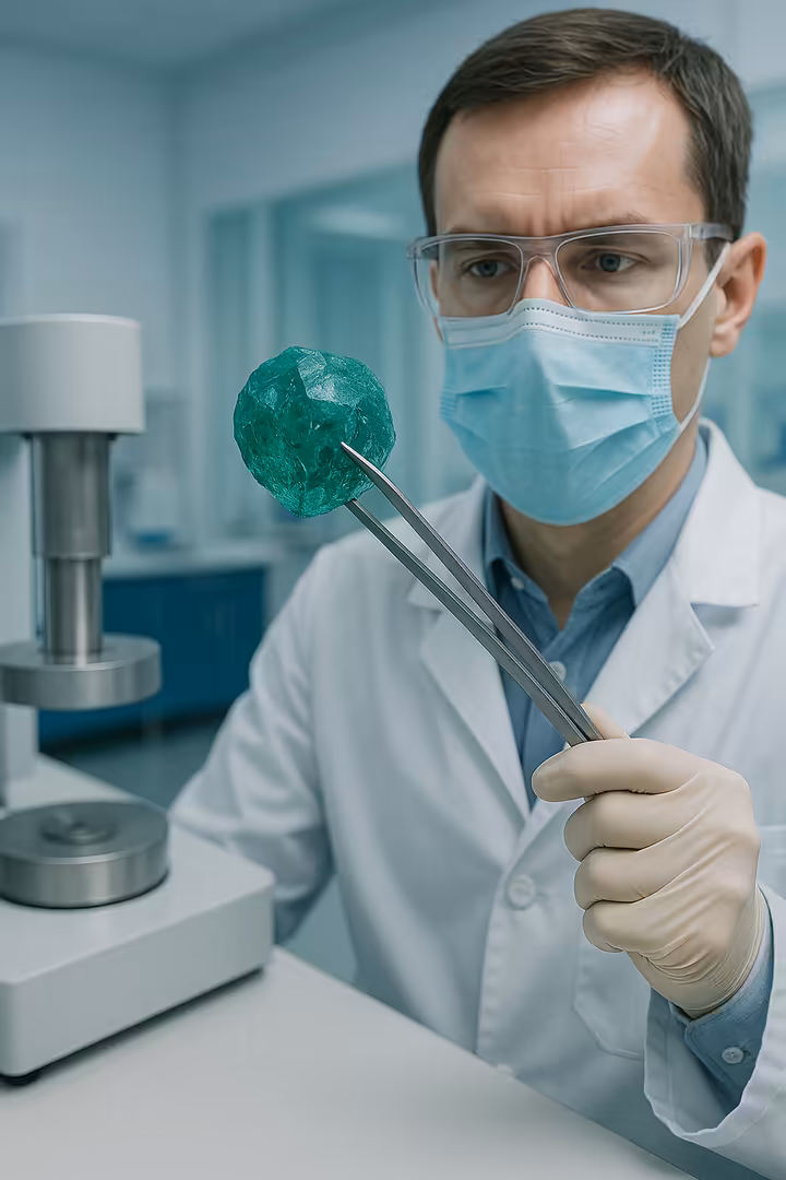 A scientist in a lab coat holding a large, perfectly formed lab-grown emerald crystal with tongs.