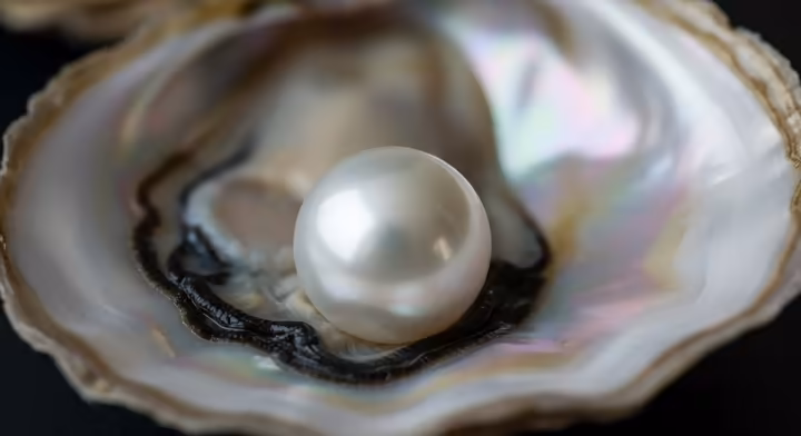 A single, luminous white pearl resting inside an open oyster shell, showcasing its organic beauty.