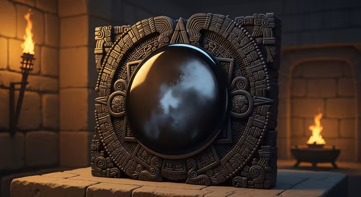 A polished Aztec obsidian mirror, known as a tezcatl, with a highly reflective black surface, set in a decorative, period-appropriate frame.