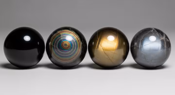 Four different types of obsidian—Black, Rainbow, Golden Sheen, and Silver Sheen—lined up side-by-side for comparison.