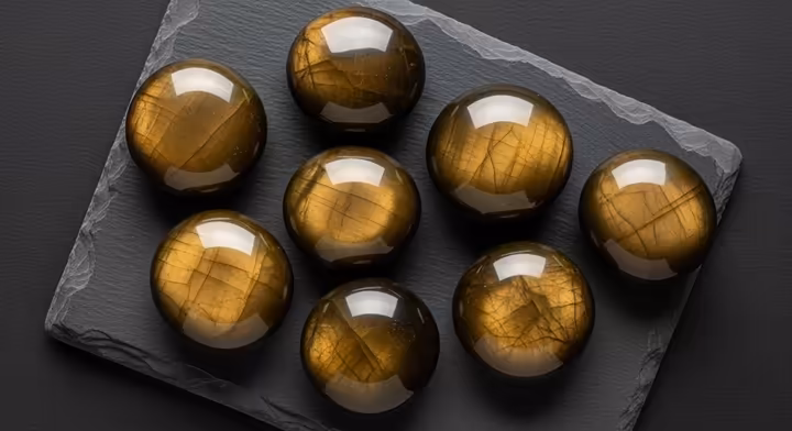 A group of smooth, polished Golden Sheen Obsidian palm stones, each displaying a unique golden sheen.