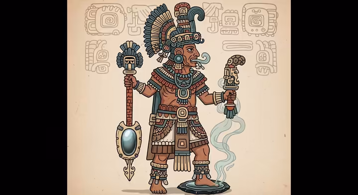 An artistic depiction of the Aztec god Tezcatlipoca, known as the 'Smoking Mirror,' holding an obsidian mirror.