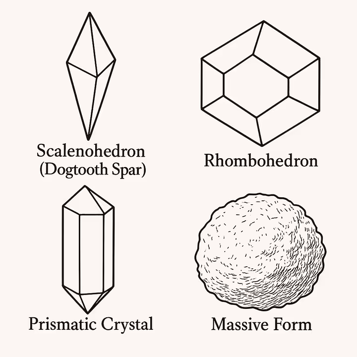 Collage showing various calcite crystal habits: a pointed scalenohedron, a blocky rhombohedron, a long prismatic crystal, and a massive, non-crystalline form.