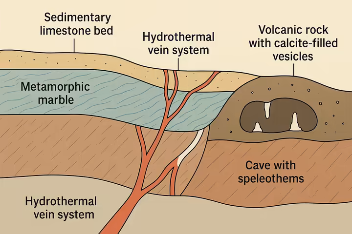 Diagram illustrating different geological environments where calcite forms, such as sedimentary limestone beds, metamorphic marble, hydrothermal veins, caves with speleothems, and volcanic rocks.