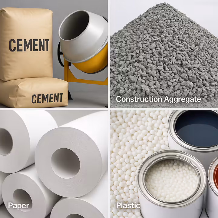 Collage of industrial products made from or using calcite: cement bags, road aggregate, paper rolls, plastic pellets, and paint cans.