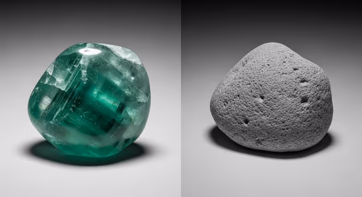 A vibrant, translucent green calcite crystal juxtaposed with a piece of common grey limestone, highlighting their visual differences.