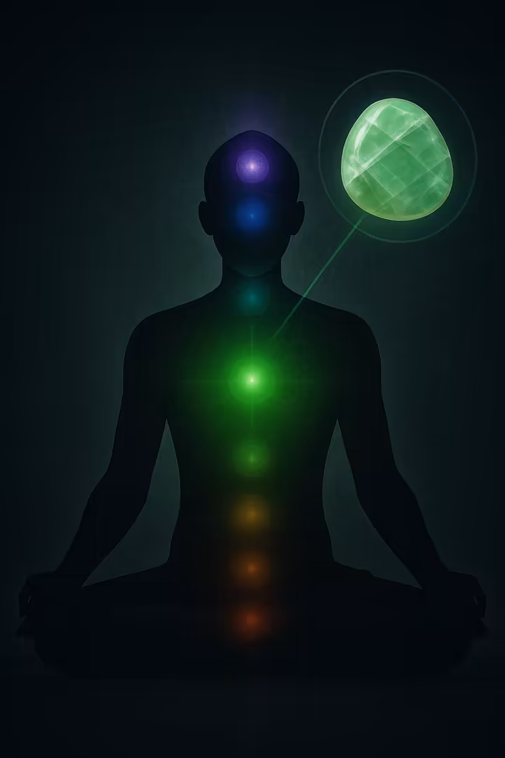 Illustration of the human chakra system with the heart chakra highlighted in green, and a piece of green calcite conceptually placed over it.