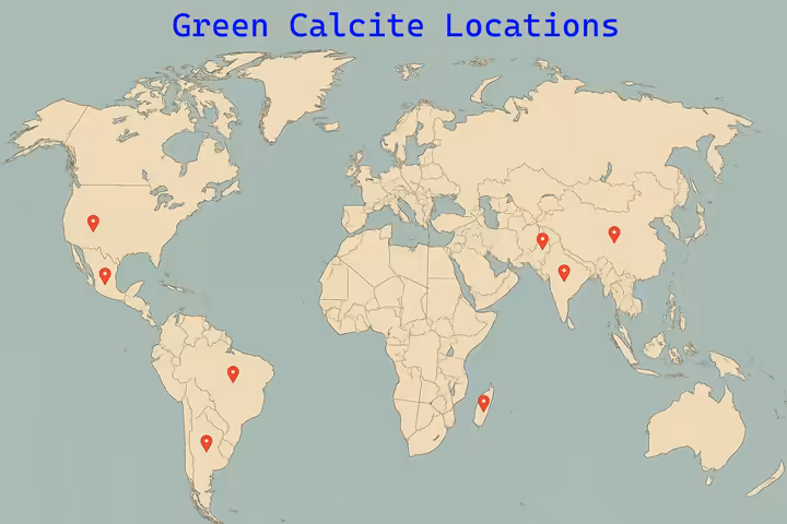 World map highlighting key global localities for Green Calcite, including Mexico, Brazil, USA (Utah), Pakistan, India, China, Argentina, and Madagascar.