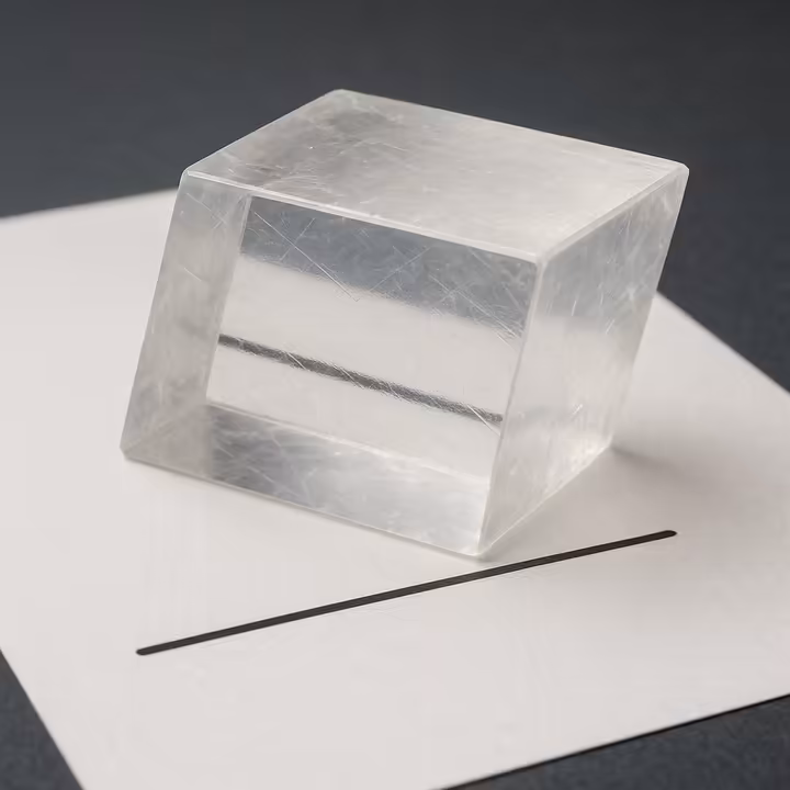 A clear Iceland Spar calcite crystal placed over text, clearly demonstrating the double refraction effect by showing doubled letters.