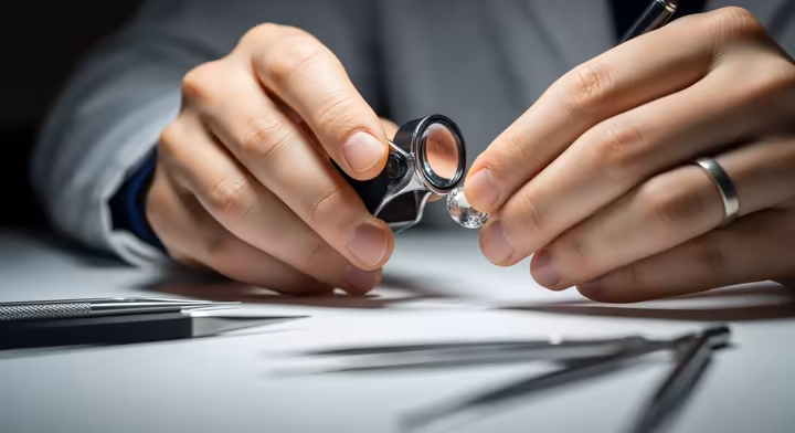 A gemologist's hands inspecting a gemstone with a jeweler's loupe.