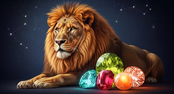 A majestic lion next to a collection of glowing Leo birthstones like Peridot and Ruby.