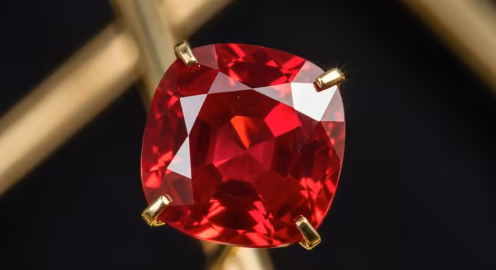 A close-up of a flawless, 'pigeon's blood' red ruby glowing with intense inner fire.