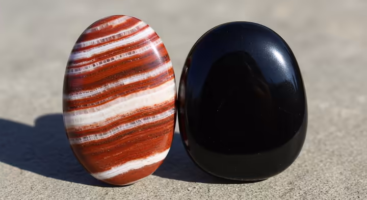 A polished Sardonyx stone with reddish-brown and white bands next to a deep black Onyx stone.