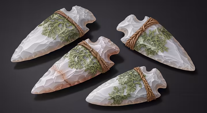 Artistic illustration of ancient chalcedony arrowheads or tools, suggesting Native American use.