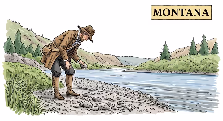 Illustrative scene of an early 19th-century explorer by a river, possibly noticing agates on the ground.