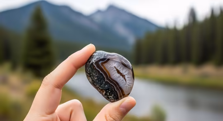 A hand gently holding a Montana Agate with a blurred natural Montana landscape in the background, symbolizing connection to nature.