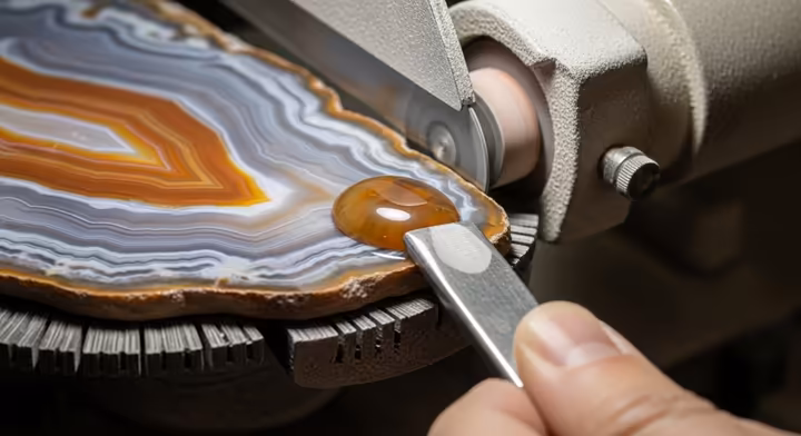 An agate slab being cut on a lapidary saw, illustrating the stone transformation process.