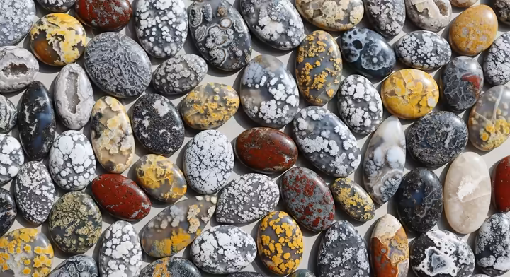 A collection of polished Montana Agates showcasing diverse patterns and colors.