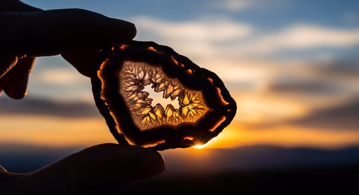 A beautiful Montana Agate held up against a sunset, symbolizing its natural beauty and connection to the land.
