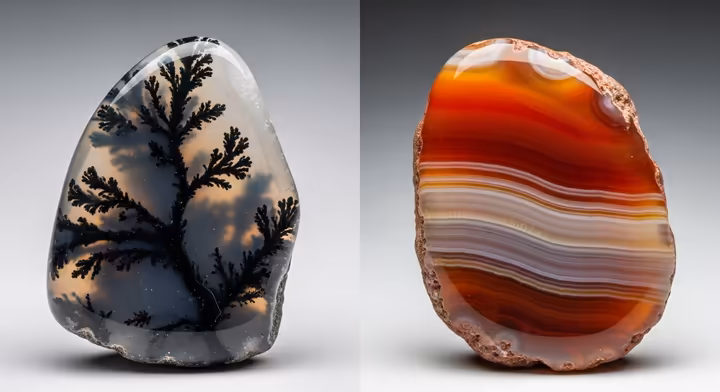 Side-by-side comparison of Montana Moss Agate with clear dendrites and a Dryhead Agate with reddish-orange banding.