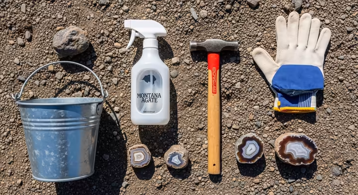Rockhounding tools like a bucket, water spray bottle, and a small pick next to a rough Montana Agate.