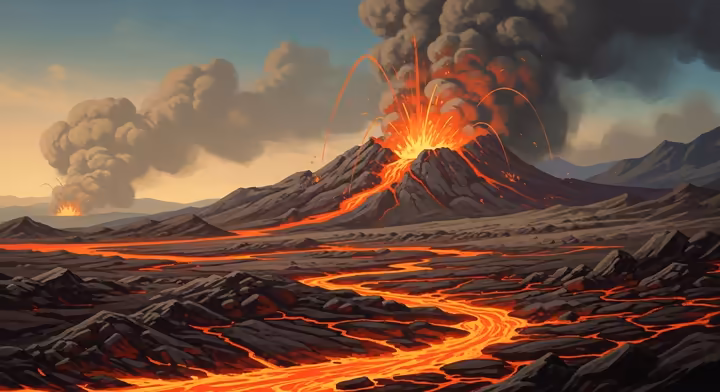 Illustrative volcanic landscape with ash clouds, hinting at the Eocene era origins of Montana Agate's silica.