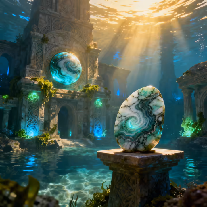 A fantasy illustration of the mythical city of Atlantis with architectural details inspired by the orb patterns of Ocean Jasper.
