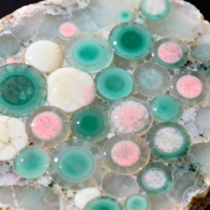 A highly polished slab of classic Ocean Jasper, showcasing its distinct, multi-colored orbs in shades of green, pink, and white.